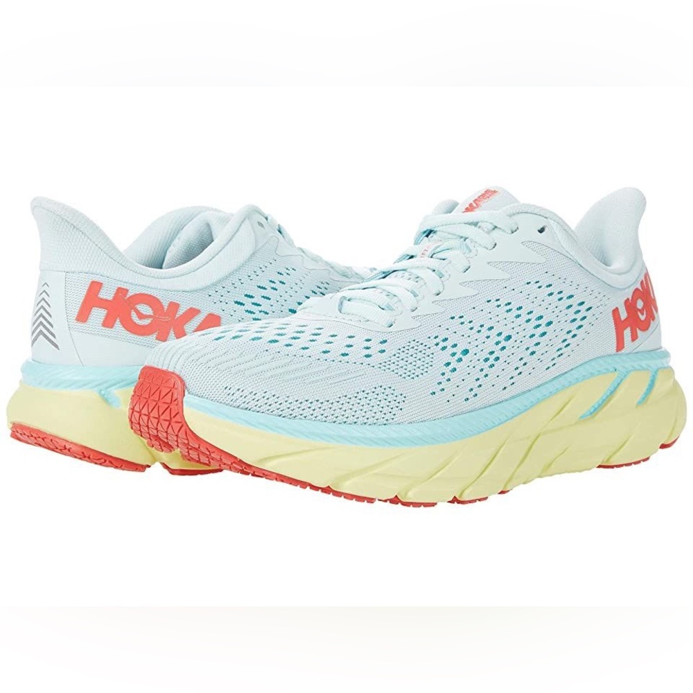 Hoka Women’s Clifton 7 in Morning Mist, Hot Coral